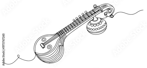 Fotografi Saraswati Veena stringed musical instrument in minimalist continuous line art st