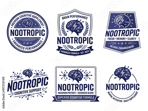 Nootropic product label emblem set: brain performance icons, cognitive supplement certification badges, flat vector