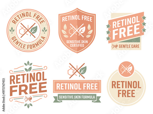 Retinol free product label emblem set: natural skincare certification badges with leaf and molecule icons