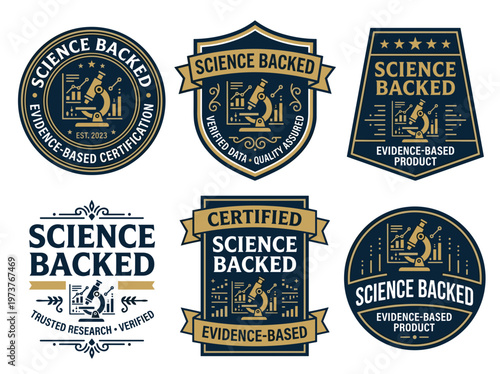 Professional science backed evidence based certification labels, navy and gold vector research badge collection
