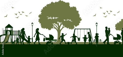Silhouette illustration of families and children enjoying activities in a vibrant park.