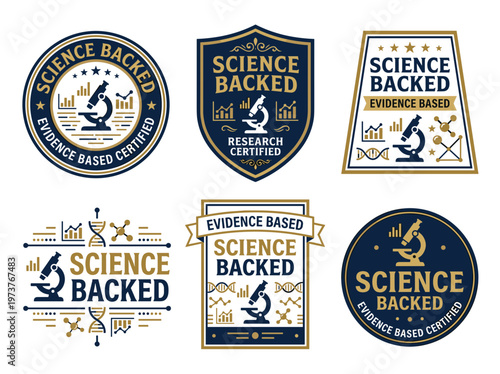 Science backed product label emblem set, professional certification badges with microscope and data chart icons