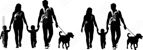 Happy Family with Babies, Toddlers, and Dog Walking Together in Silhouette Vector Illustration