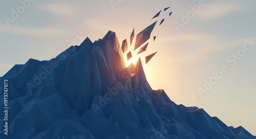 Mountain peak shatters with sunlight explosion and flying shards at sunrise or sunset its illustration only