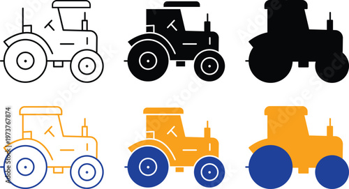 Tractor Farming Machine Agriculture Vehicle Heavy Equipment Industrial Transport Cultivation Harvester Engine Vector Silhouette and Pictogram Icon Set.eps