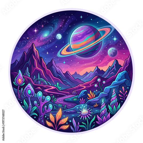 Alien planet landscape icon with mountains and strange plants in a colorful sci-fi vector style.