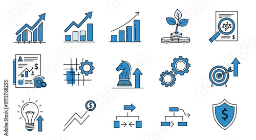 This set of business and financial icons features various symbols for growth, strategy, analysis, and success, all in a blue hand-drawn style.