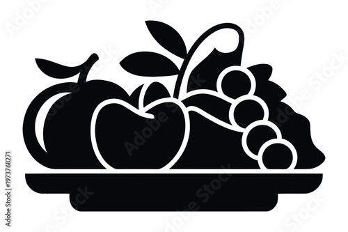 Black silhouette illustration of a fruit still life display