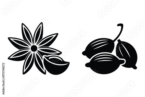 Black silhouette illustrations of star anise and cardamom pods