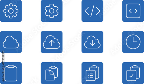 Set of 12 blue interface icons with settings cloud and coding.