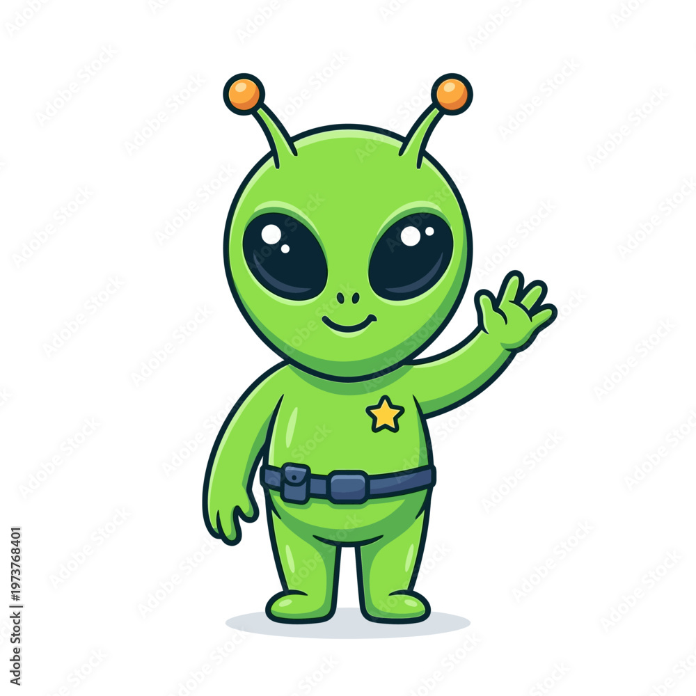 Obraz premium Cute green alien waving hand icon with big black eyes in modern flat vector style.