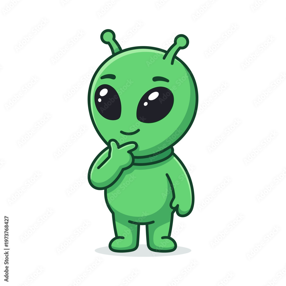 Obraz premium Cute green alien thinking icon with big black eyes in modern flat vector style.