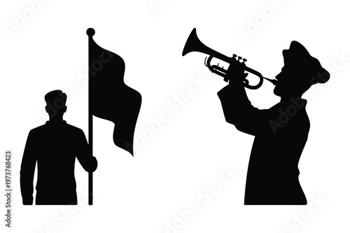 Photos Silhouette of a bugler playing a trumpet and a soldier holding a flag