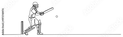 Bilde på lerret Cricket player batting with wickets and ball in minimalist continuous line art s