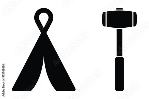 Silhouette of a tent and a sledgehammer
