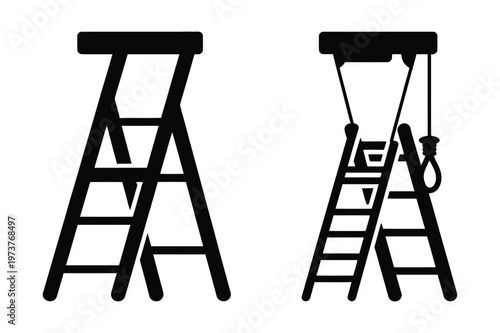 Silhouette of a stepladder and a ladder with a noose