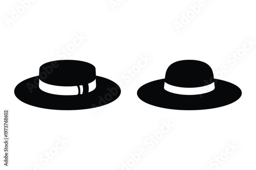 Two black boater hats with white bands