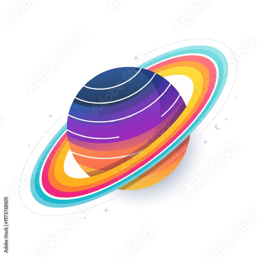 Ringed Saturn style planet icon with colorful orbit ring in modern flat vector style.