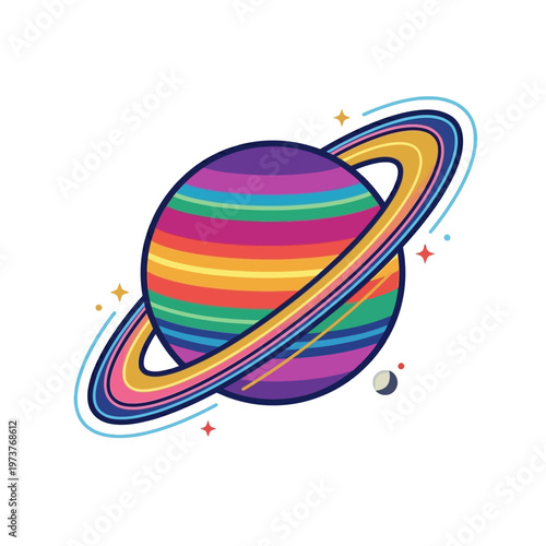 Ringed Saturn style planet icon with colorful orbit ring in modern flat vector style.