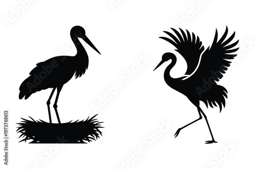 Tableau sur toile Two black silhouettes of storks, one in a nest