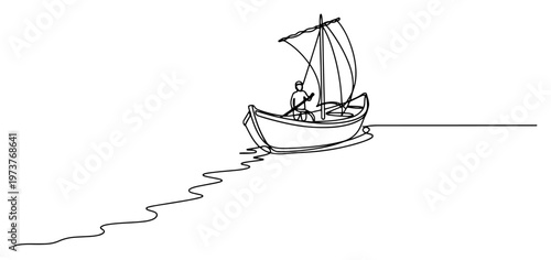 Traditional wooden boat sailing on water in continuous line art style