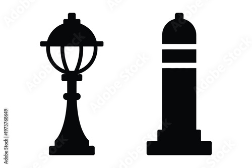 Black silhouette icons of a lamppost and a bollard