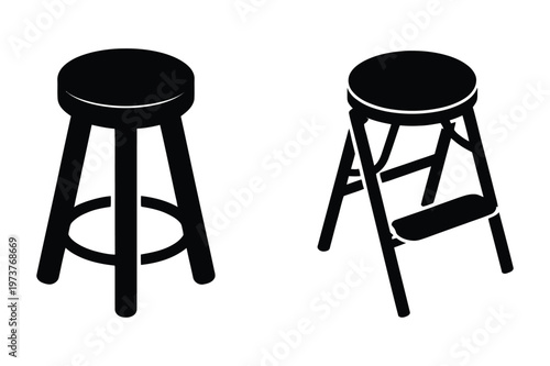 Bar stool and step stool, black silhouette vector illustration