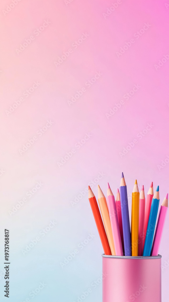 Fototapeta premium Colorful pencils in pink holder on gradient background