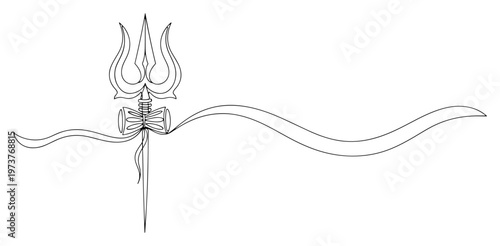 Lord Shiva trishula trident with damru drum and waving ribbon in continuous line art style