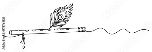 Krishna flute with peacock feather symbol of hindu god in minimalist continuous line art style