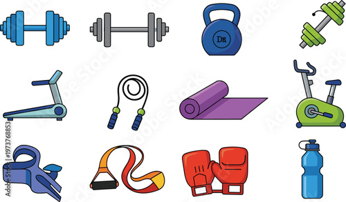 Fitness Gym Equipment Vector Set with Dumbbell Kettlebell Treadmill Boxing Gloves Isolated on White Background