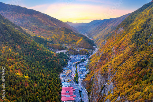 Scenic of Jiuzhaigou county in Autumn, Sichuan in China.
