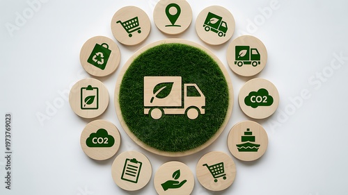 Eco friendly delivery truck, sustainable logistics icons, green transportation symbols, carbon neutral shipping concept