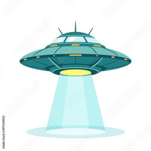 UFO flying saucer icon with glowing beam light in modern flat sci-fi vector style.