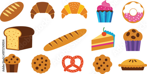 Bakery Food Vector Set with Bread Croissant Donut Cupcake Cake Cookies Isolated on White Background