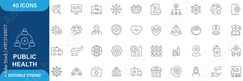 Public health icon set. public, health, medicine, care, campaign, community, society, doctor, equality and etc.Icon Collection. Editable stroke.