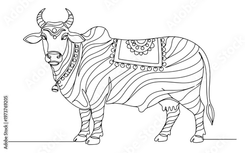 Sacred cow with traditional ornaments and decorative patterns in line art style