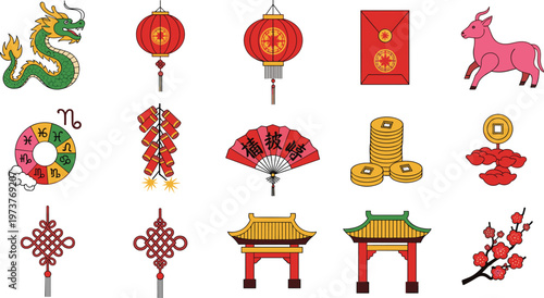 Chinese New Year Vector Set with Dragon Lantern Coins Zodiac Ox Decorations Isolated on White Background
