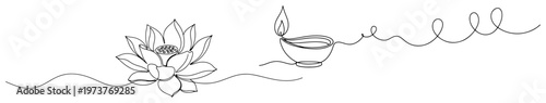 Lotus flower and diya oil lamp connected by decorative continuous line art