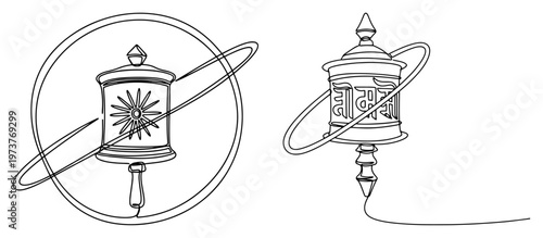 Buddhist prayer wheels with sacred mantras in continuous line art style