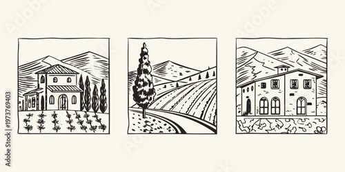 Tuscan landscapes with buildings trees and winding paths silhouette