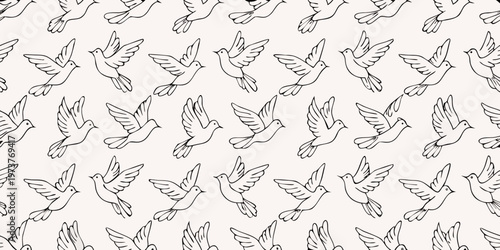 Fotografija Numerous birds in flight create a delicate patterned backdrop silhouette