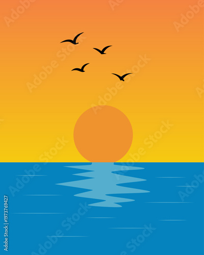 Golden sun dips low over calm ocean waves. Four birds soar against warm, gradient sky. Reflections ripple across deep blue water. Serene moment evokes peace and quiet wonder