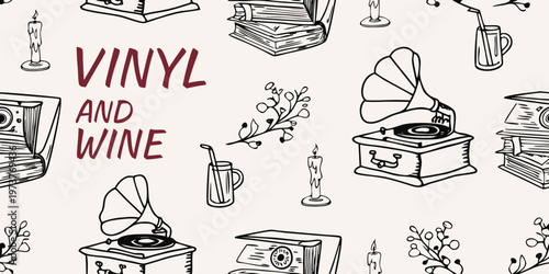 Vintage record players glassware and candles in a repeating pattern silhouette