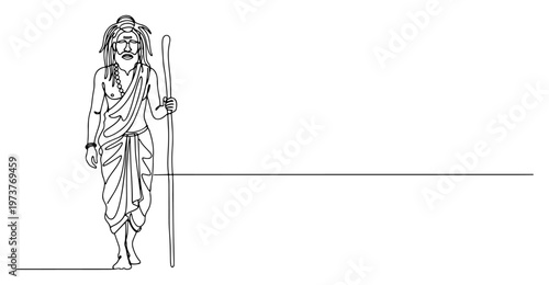 Hindu monk sadhu walking with staff in minimalist continuous line art style