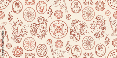 Photos Vintage cameo patterns with floral accents and angelic figures silhouette