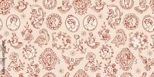 Vintage cameo portraits and floral elements create a repeating pattern silhouette