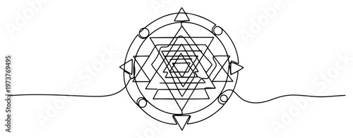 Sri Yantra geometric symbol inside circular frame with continuous line art style