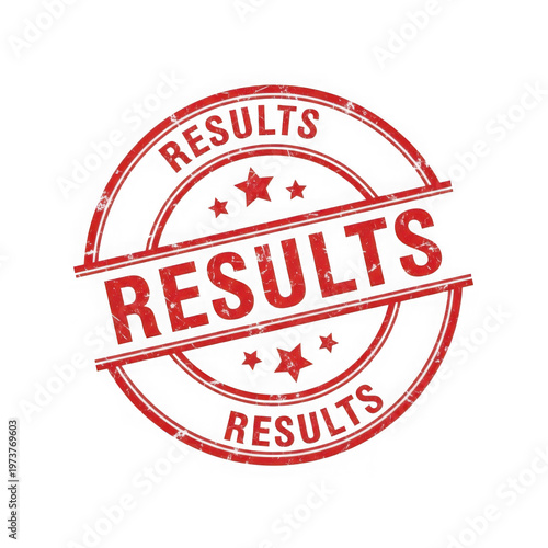 Red rubber stamp with results text and circular design isolated on transparent background
