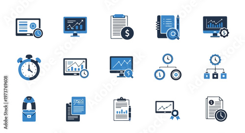 A set of fifteen business and finance icons in blue and dark blue colors, illustrating data analysis, time management, and financial reporting tasks.